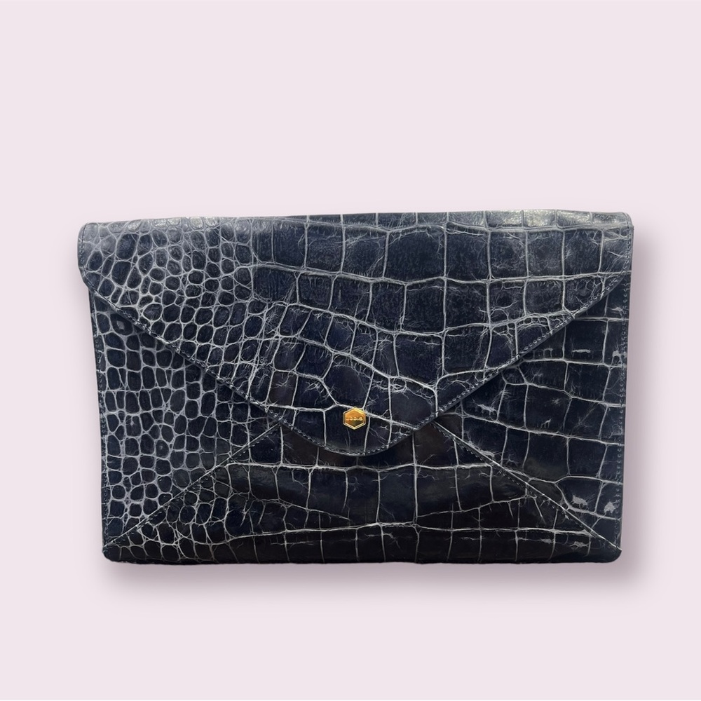 Lodis Large Indigo Croc Embossed Leather Envelope Clutch